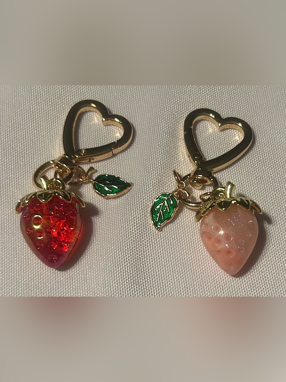 Bag Charms with Heart Clip and Red and Pale Pink Strawberries